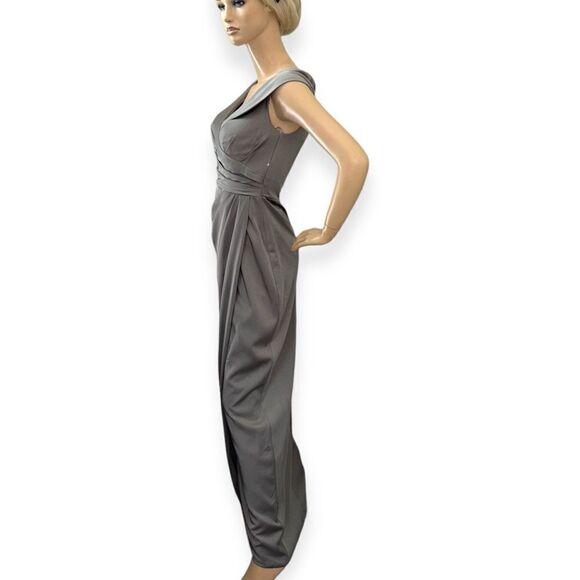 LA FEMME Surplice Off The Shoulder Column Gown In Pewter Size 0 NEW - Picture 7 of 13